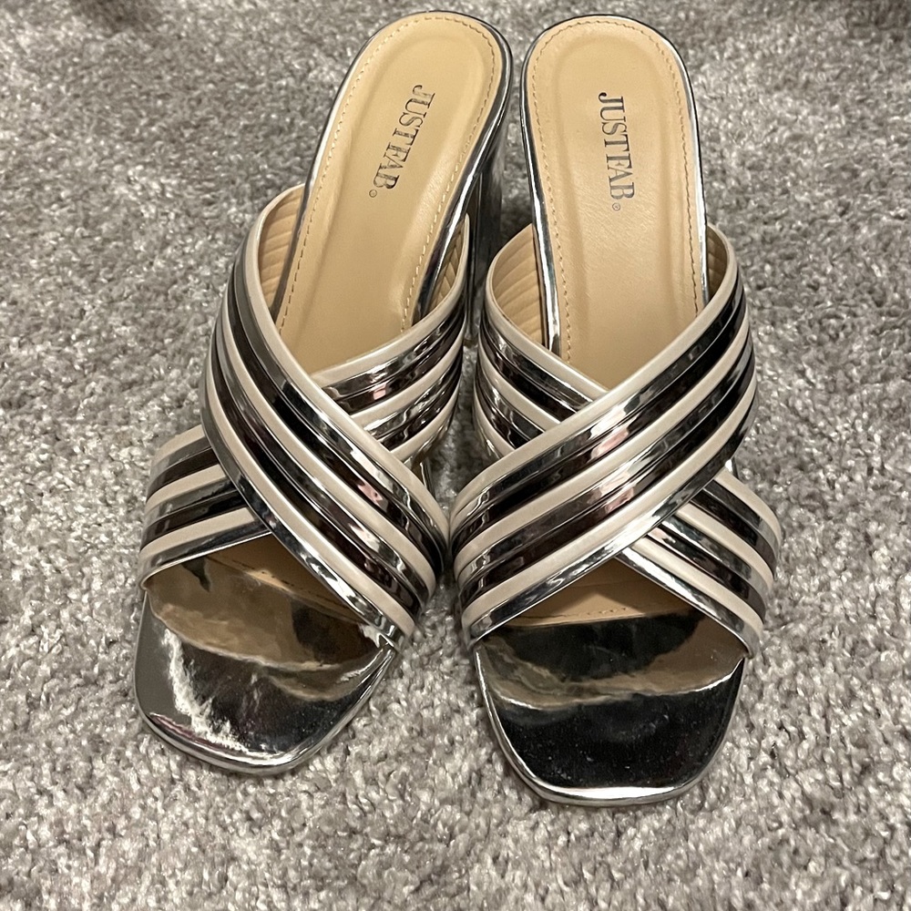 Just dab silver and white mules